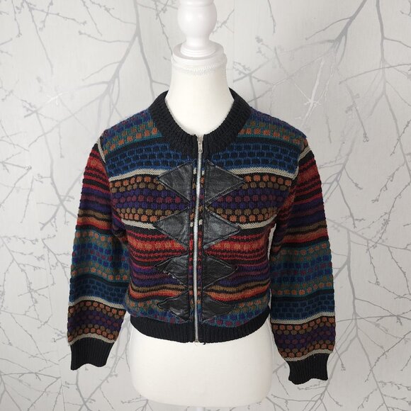 Urban Renewal Aztec Stripe Recycled Wool Full Zip Cropped Sweater - Picture 1 of 7